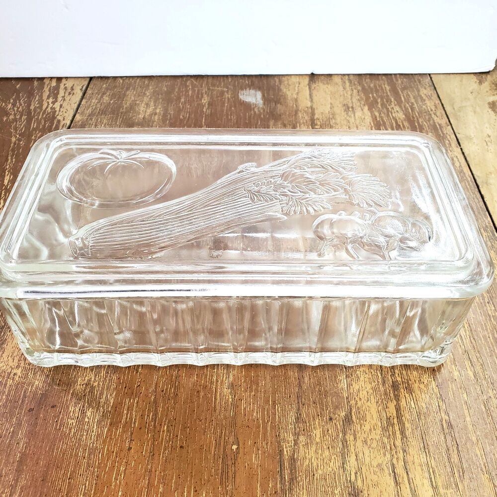 Vintage Clear Pressed Glass Covered Rectangular Refrigerator Dish w/Lid Veggies